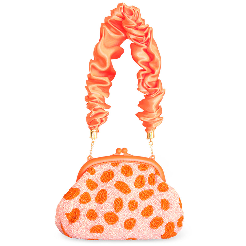 Arnoldi Peachpuff Orange Beaded Polka dot clutch bag with ruffles handle