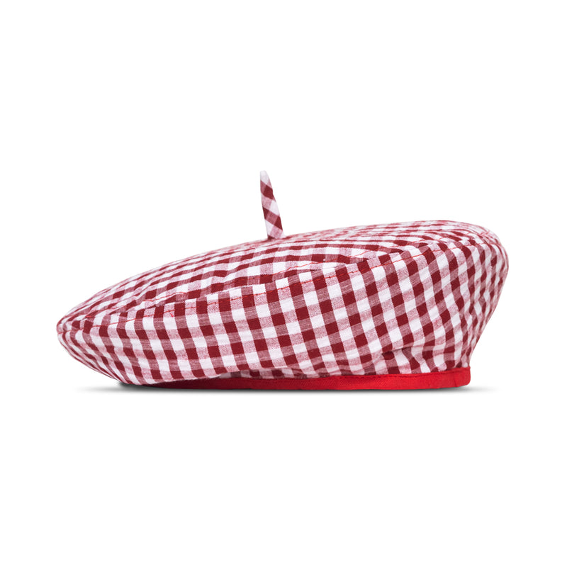 BrunnaCo Simone Beret Gingham Hat in Red, a stylish and sustainable beret hat made from soft gingham cotton with a comfy cotton lining. This 100% vegan and biodegradable hat is perfect for adding a touch of French flair to any outfit.