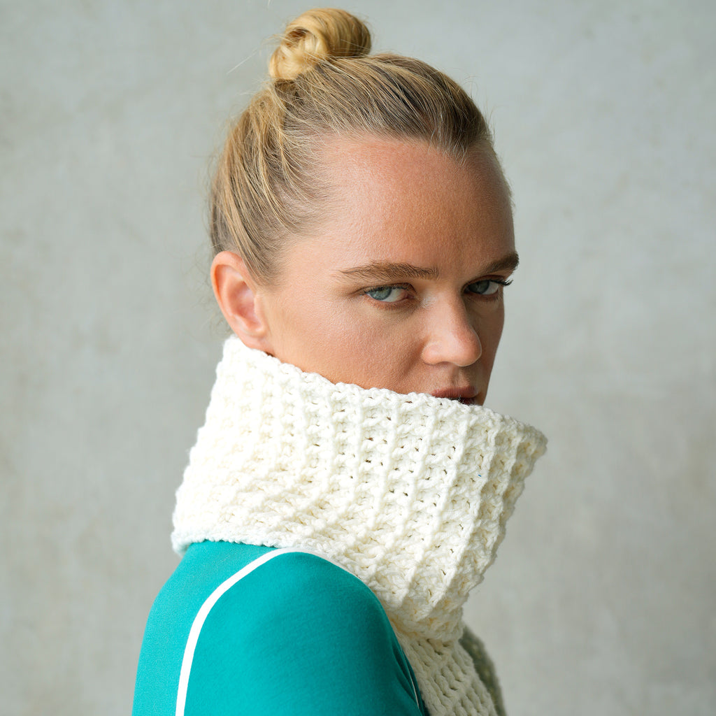 As warm as morning waffles ~ BrunnaCo's WAFFLE Crochet Scarf has a cozy and buttery-soft texture that makes you want to wear it everywhere when the temperature gets cold. It's hand-crocheted in waffle pattern with sumptuous cotton yarn by our female artisans in Java who put so much love into this piece. Wrap it around your neck twice or let it drape loosely over the lapels of your coat.
