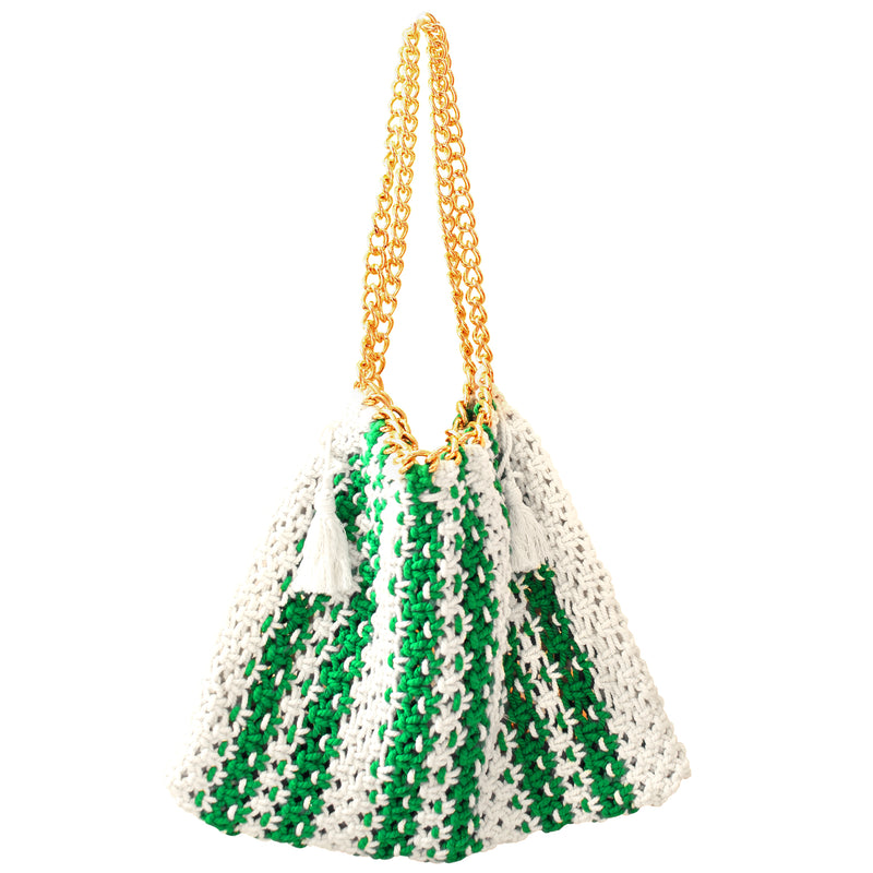 Colette macrame tote bag in Green and White. When Tenniscore meets Beachcore. Ideal for beach holidays, COLETTE has been hand-woven from a durable cotton rope with flattering chain straps and tasseled ties. It’s just the perfect to store all your beach essentials for a carefree island getaway. Wear yours with matching separates for an effortless beach look.