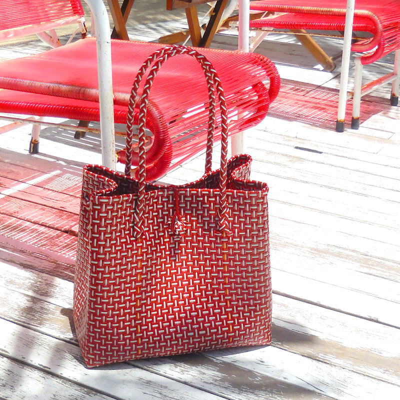 TOKO Straw Bag, Plastic Straw Bag, Woven Handbag, Straw Handbag, Straw Tote Bag, Beach Bag, in Red