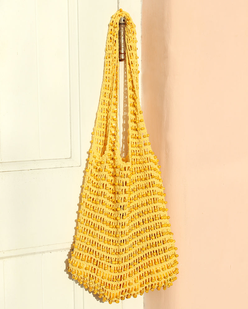 Kama Wooden Beads Crochet Bag Macrame Bag in Pale Yellow - Madewell Crochet Bag