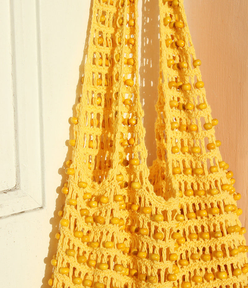 Kama Wooden Beads Crochet Bag Macrame Bag in Pale Yellow - 6