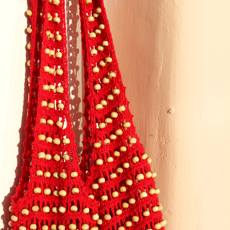 Vegan Kama Wooden Crochet Beads Bag in Red