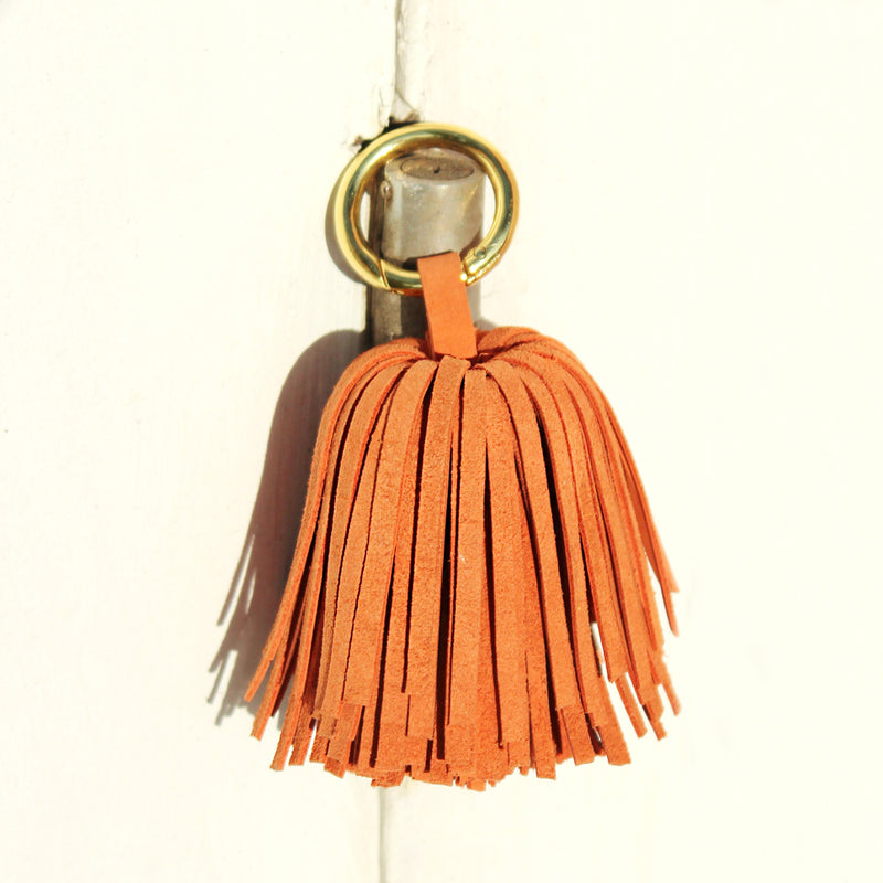 Upcycled Leather Pom Tassel Bag Charm - in Camel Brown
