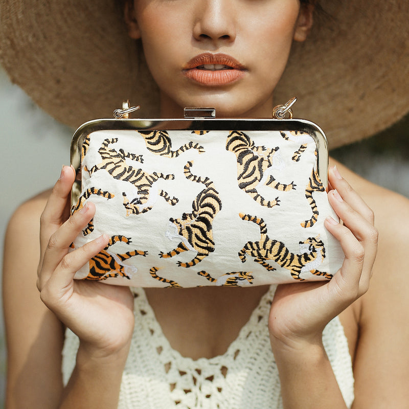 Sumatran Tiger Party Clutch in White, Holiday Gift Guide