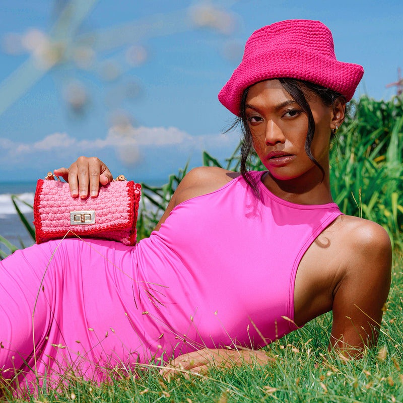 AIRMAIL Petite Crochet Handbag In Pink & Red