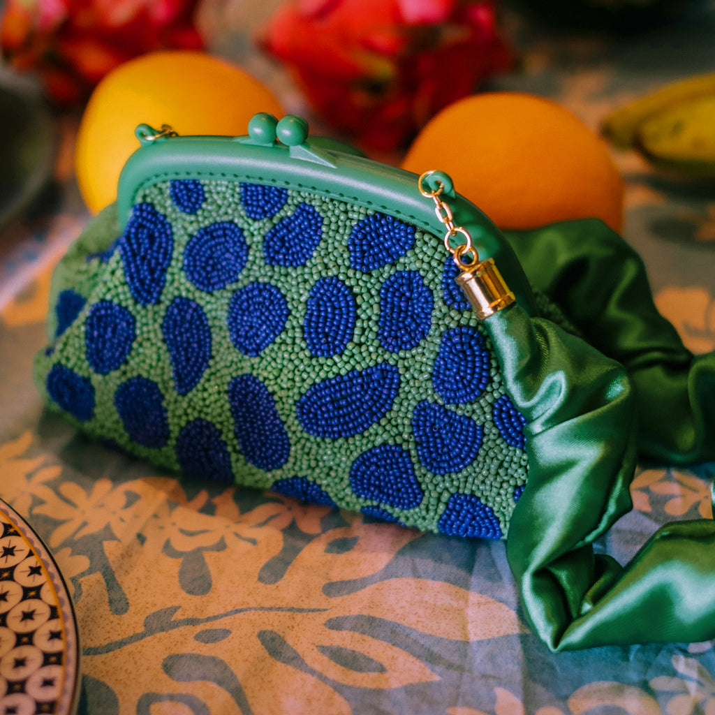 Arnoldi Jade Beaded Clutch in polka dot green with ruffle satin handle, holiday gifts