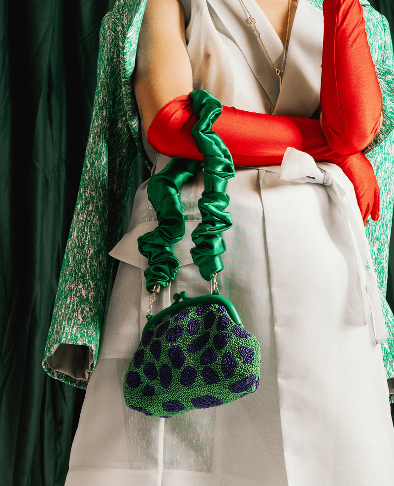 Arnoldi Jade Beaded Clutch in polka dot green with ruffle satin handle, holiday gifts