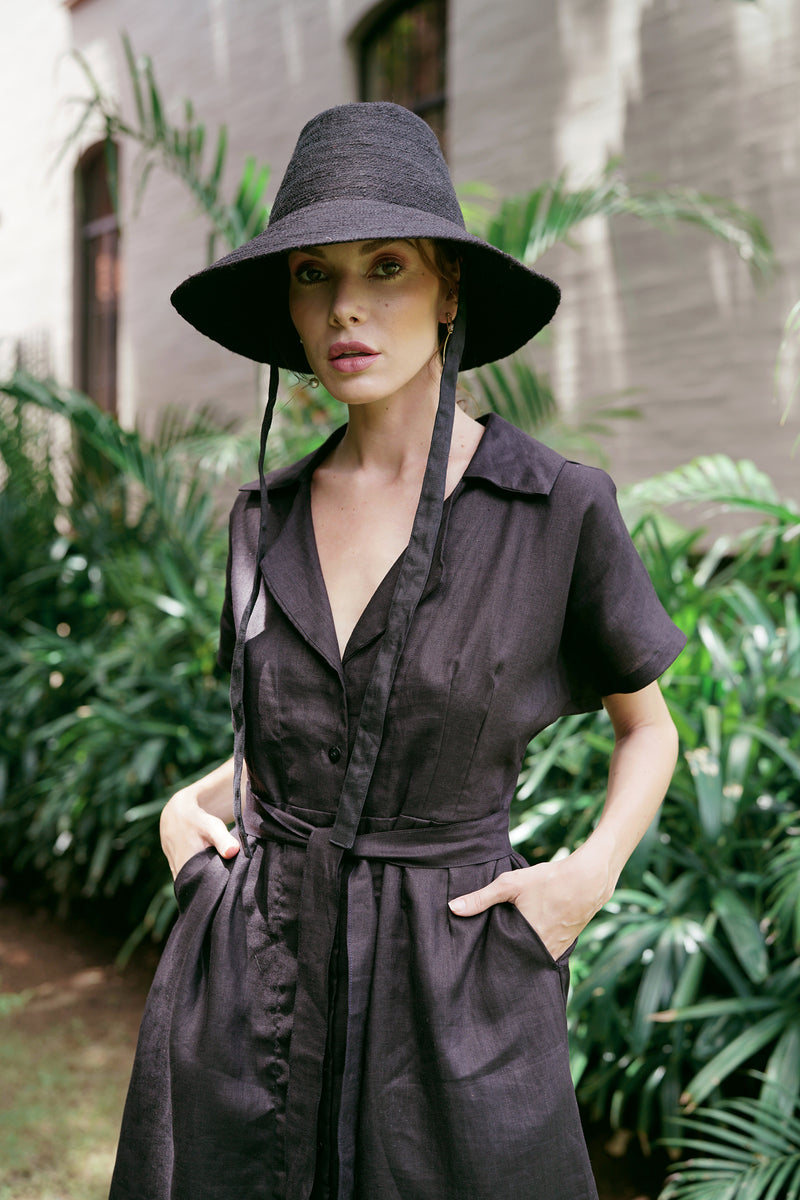 ARYA Safari Linen Midi Dress, in Black