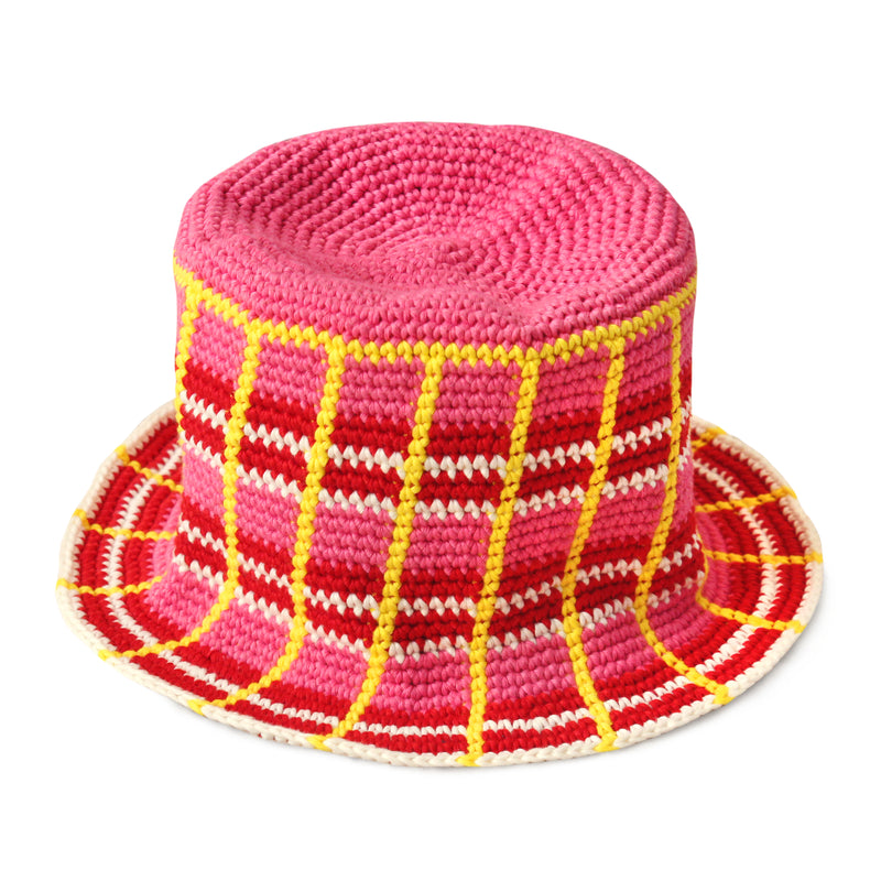 Derby Plaid Crochet Knitted Hat in Pink and Red