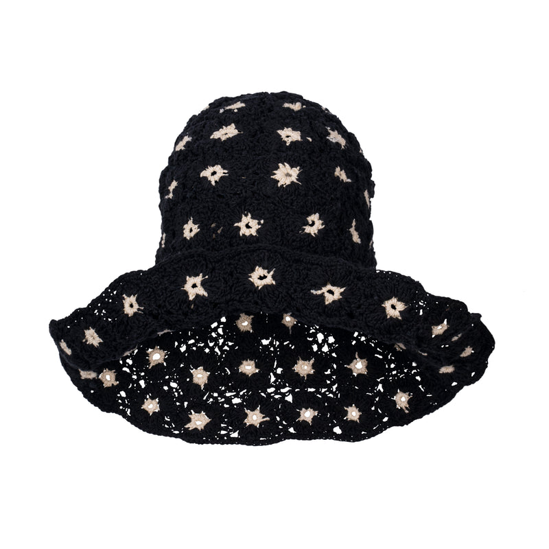 Flora Crochet Hat in Black. This gorgeous crochet hat made from 100% cotton yarn, complete with an eye-catching flower pattern, is designed to give you a fun and feminine fit.  A must-have collection for creating a cute and casual look. Hand-crocheted with love by our female artisans from their very own home in Bali.