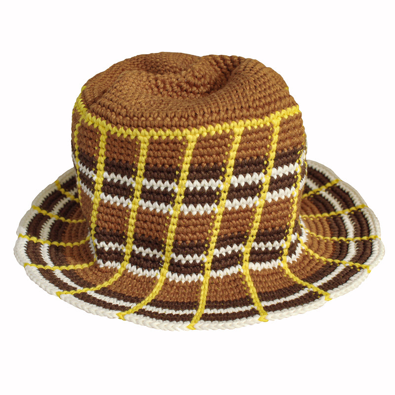 Island Tanning Plaid Crochet Knitted Hat in Brown and Yellow