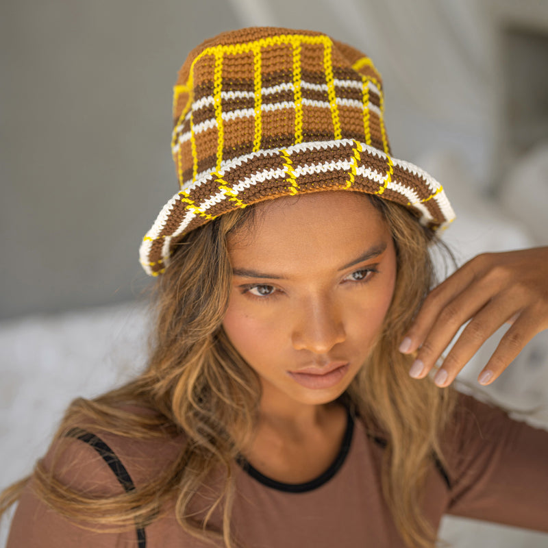 Island Tanning Plaid Crochet Knitted Hat in Brown and Yellow
