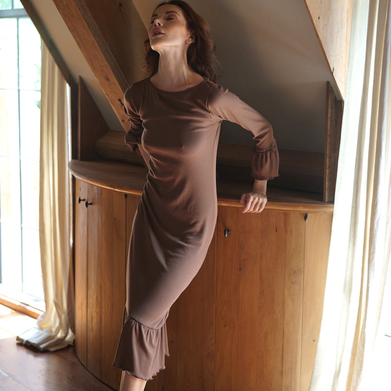MARJORIE Ruffle Rib Dress, in Dark Brown