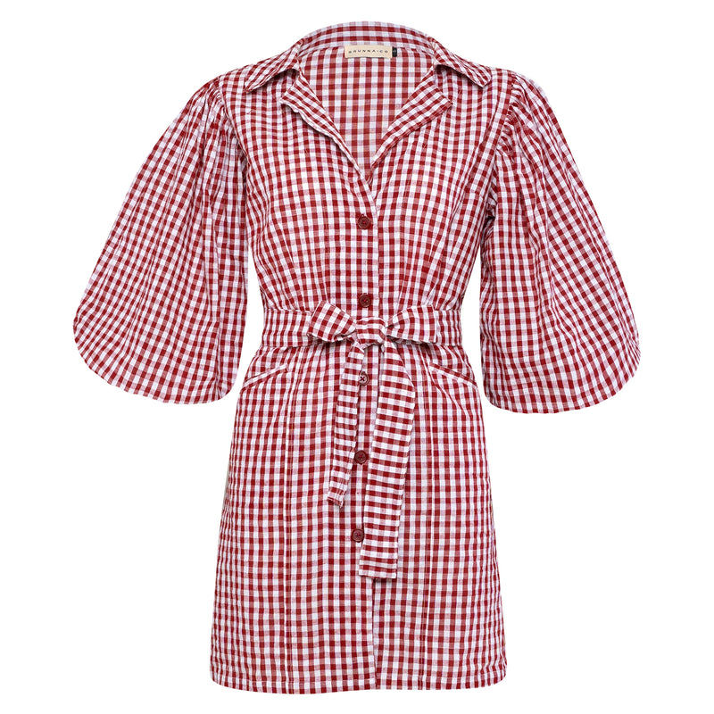 BrunnaCo Meghan Mini Gingham Dress in Red - A stylish and versatile dress that is perfect for any occasion. Made from high-quality materials, this dress is both comfortable and stylish. The flattering gingham pattern adds a touch of personality, while the red color is sure to turn heads. Whether you're dressing up for a night out or down for a day at the park, this dress is sure to become a staple in your wardrobe.