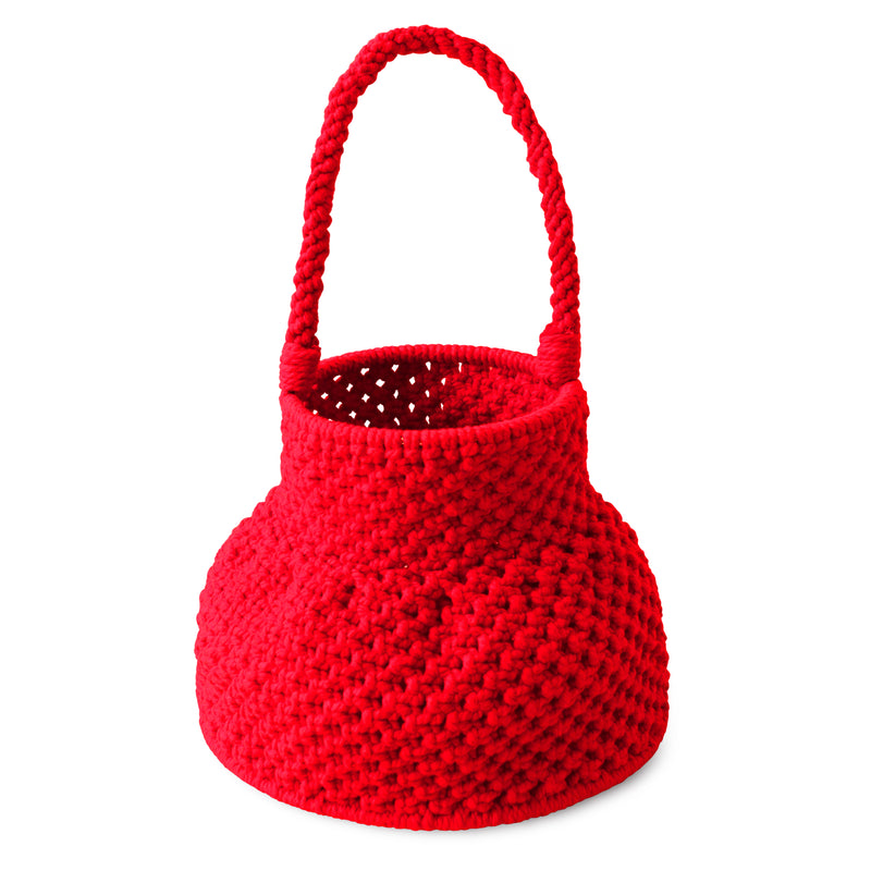 Petite Naga Macrame Crochet Bucket Beach Bag in Red. Petite Naga Macrame Crochet Bucket Beach Bag in Red. This bucket bag is made with hand-dyed macrame cotton ropes by our female artisan community in Java, Indonesia. It takes at least around 80 hours to make each bag, and this project helps to provide jobs and security for the artisans in this region.