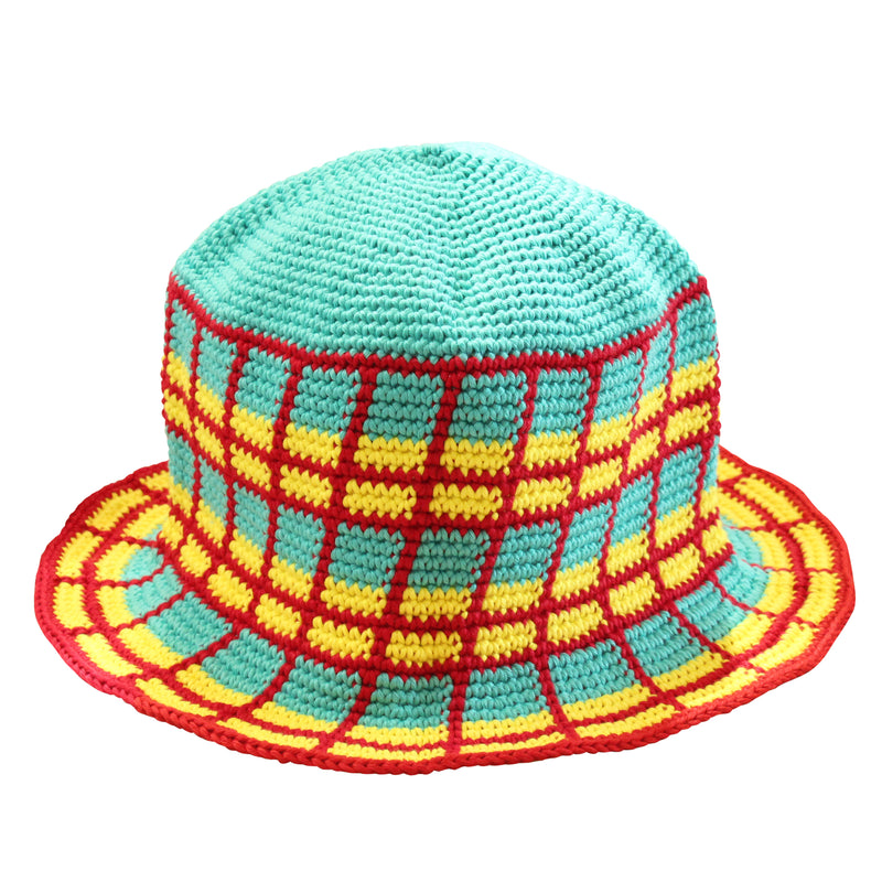 Poolside crochet plaid cotton bucket hat. Hand-crocheted by female artisans in Java, Indonesia, this POOLSIDE plaid crochet hat is a reminder of the beautiful feeling of being outdoors. Its fresh turquoise blue color invites us to celebrate the seasons in the sun.