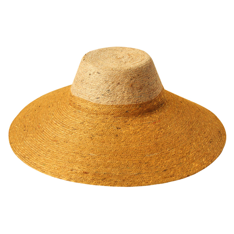 Duo color tone handwoven beach straw hat in natural and golden brown brim color, handmade from natural jute straw by local artisan in Bali. Handmade vacation wide-brim hat with domed down brim for maximum sun protection. Sustainably made by female artisan community in Indonesia for resort vacation season.