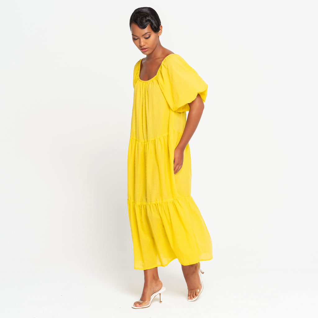 ROSEMARY Dotted Cotton Dress, in Sunflower Yellow