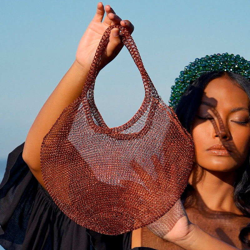 BrunnaCo SOL Wire Mesh Bag in Copper, Summer beach bag, Beach market tote. Precious handwoven tote bag made from stainless metal wire. Made carefully by our artisans in remote villages in Bali, who create the bags from their very own homes. It is a true masterpiece.