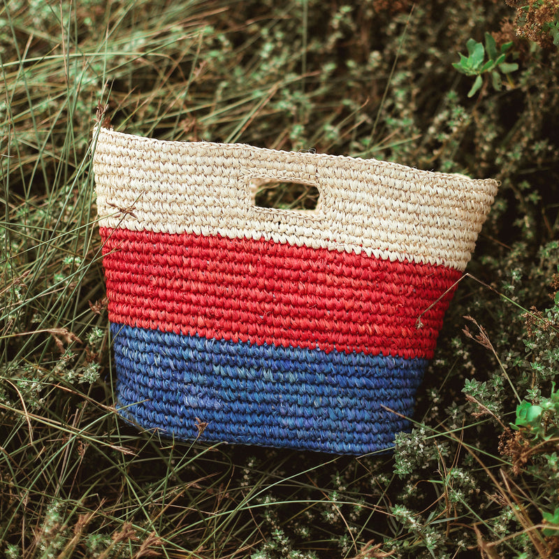 BrunnaCo Sayan Raffia Woven Straw Tote Bag in Red and Blue. A raffia beach tote that is perfect for any beach stroll or a casual walk to the nearest farmer's market