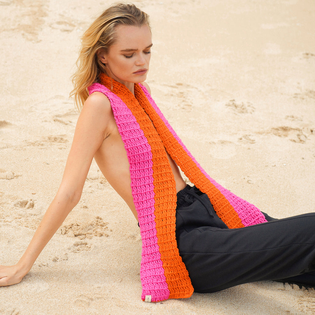 Waffle Cotton Crochet Knit Scarf in Hot Pink & Orange, Holiday gift