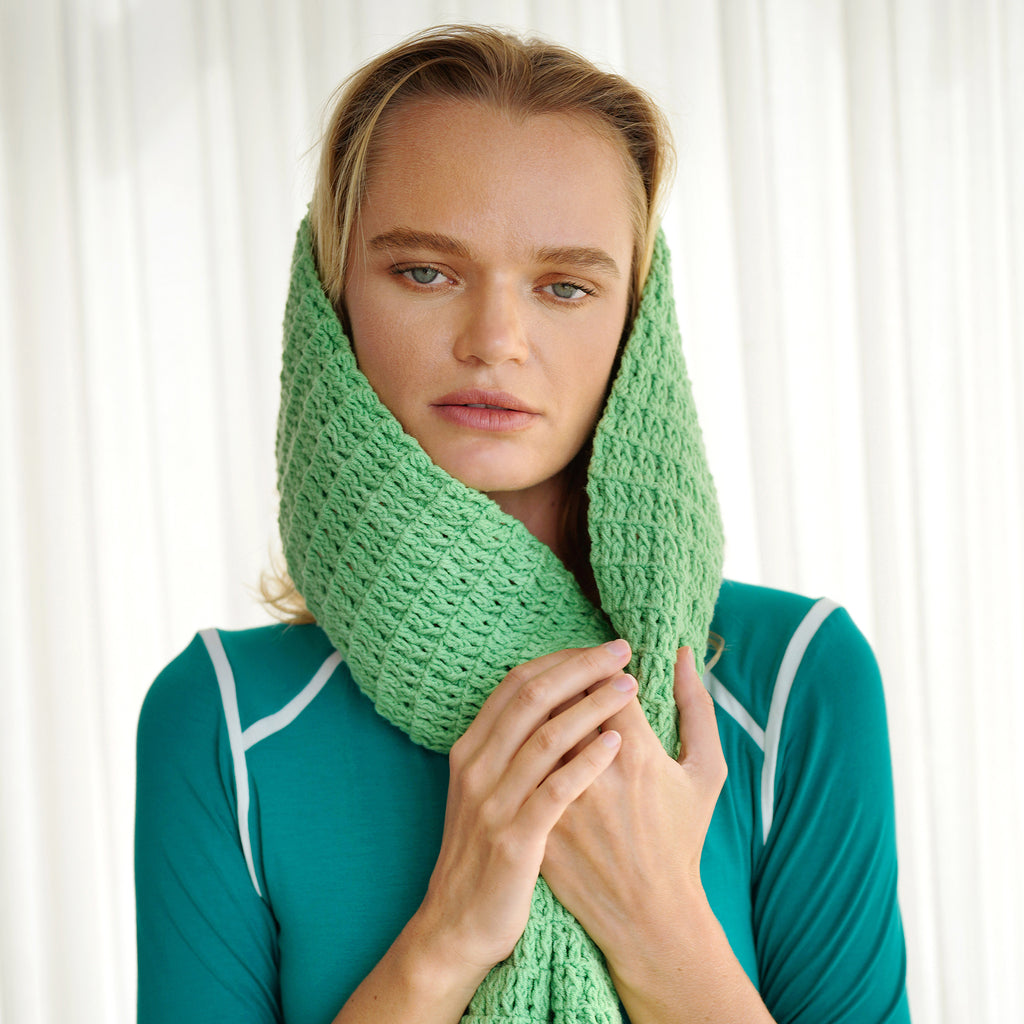 Waffle Cotton Crochet Scarf in Sage Green, Holiday Gift